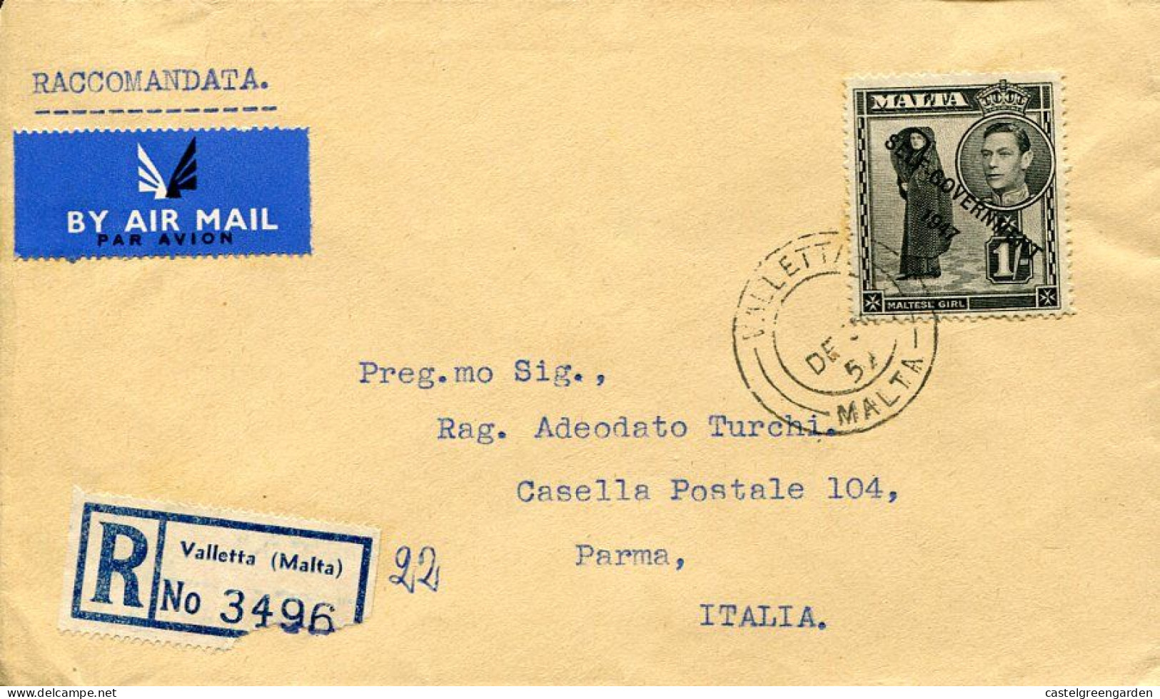 X0074 Malta, Circuled Registered Cover 1952 To Italy - Malta