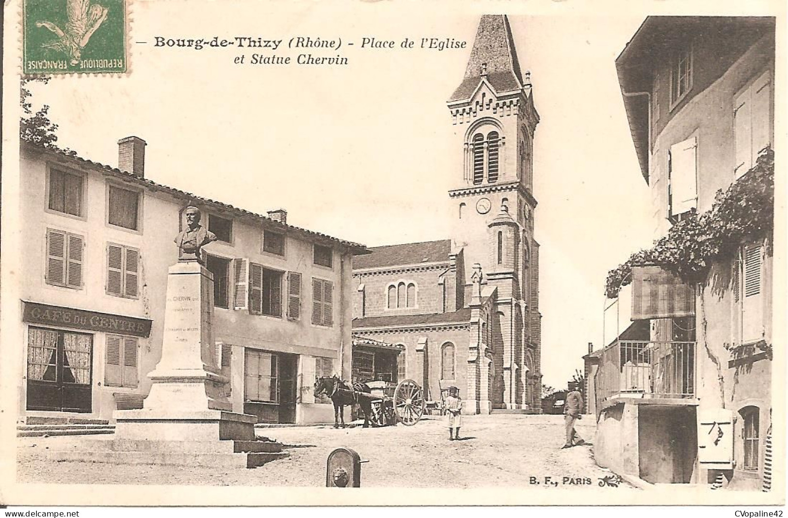 BOURG-DE-THIZY (69) Place De L'Eglise Et Statue Chervin En 1907 - Thizy