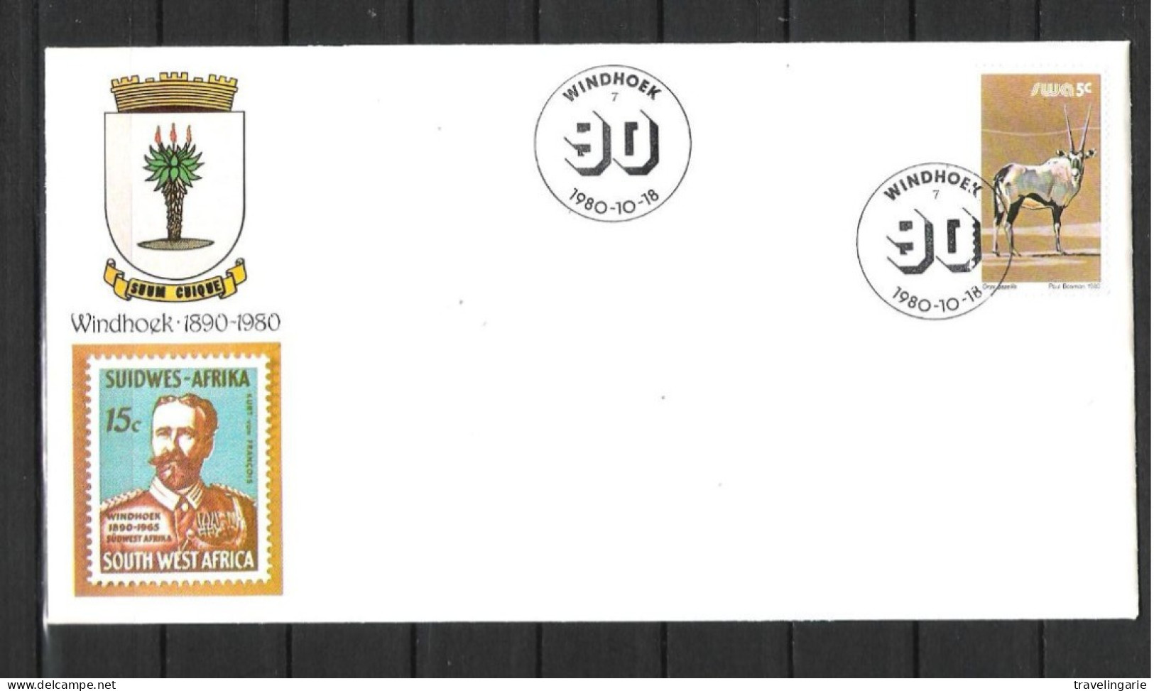 South West Africa 1980 90th Anniversary Of Windhoek With Coat Of Arms FDC Windhoek Cancel - Südwestafrika (1923-1990)