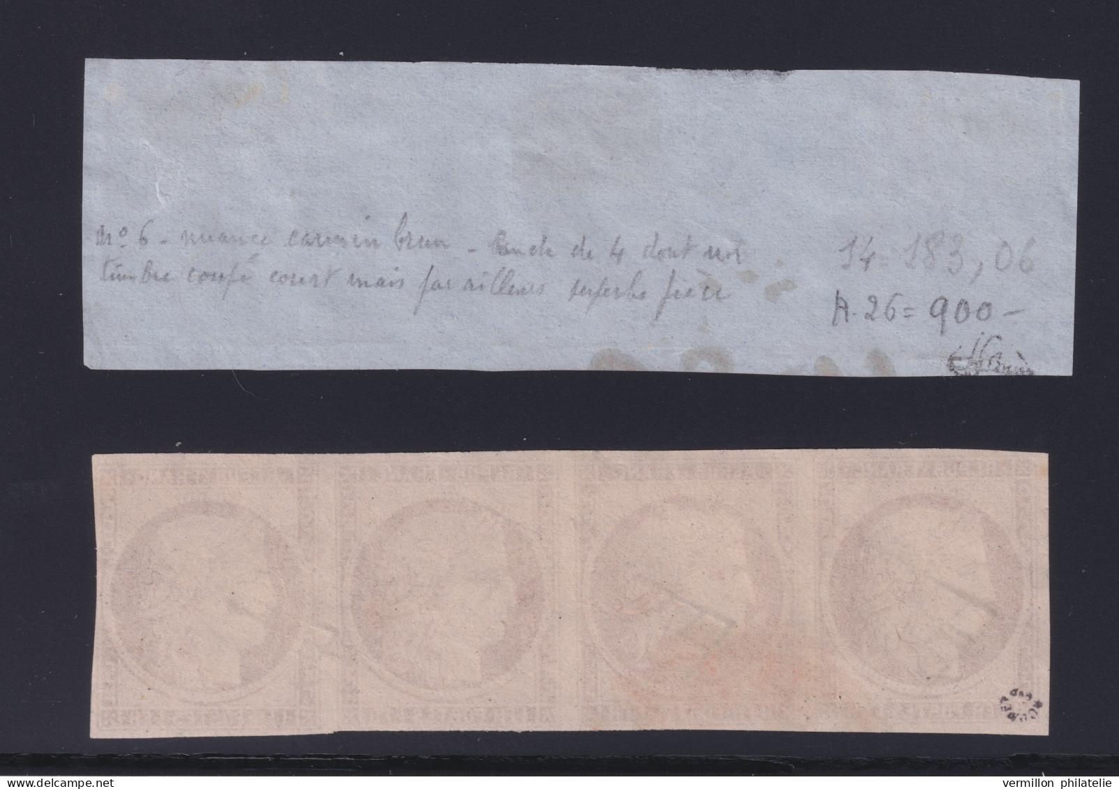 Lot 283 - N°6 Cérès 1fr Carmin Magnifique Nuance En Bande De 4 Signée + Certifi - 1849-1850 Cérès