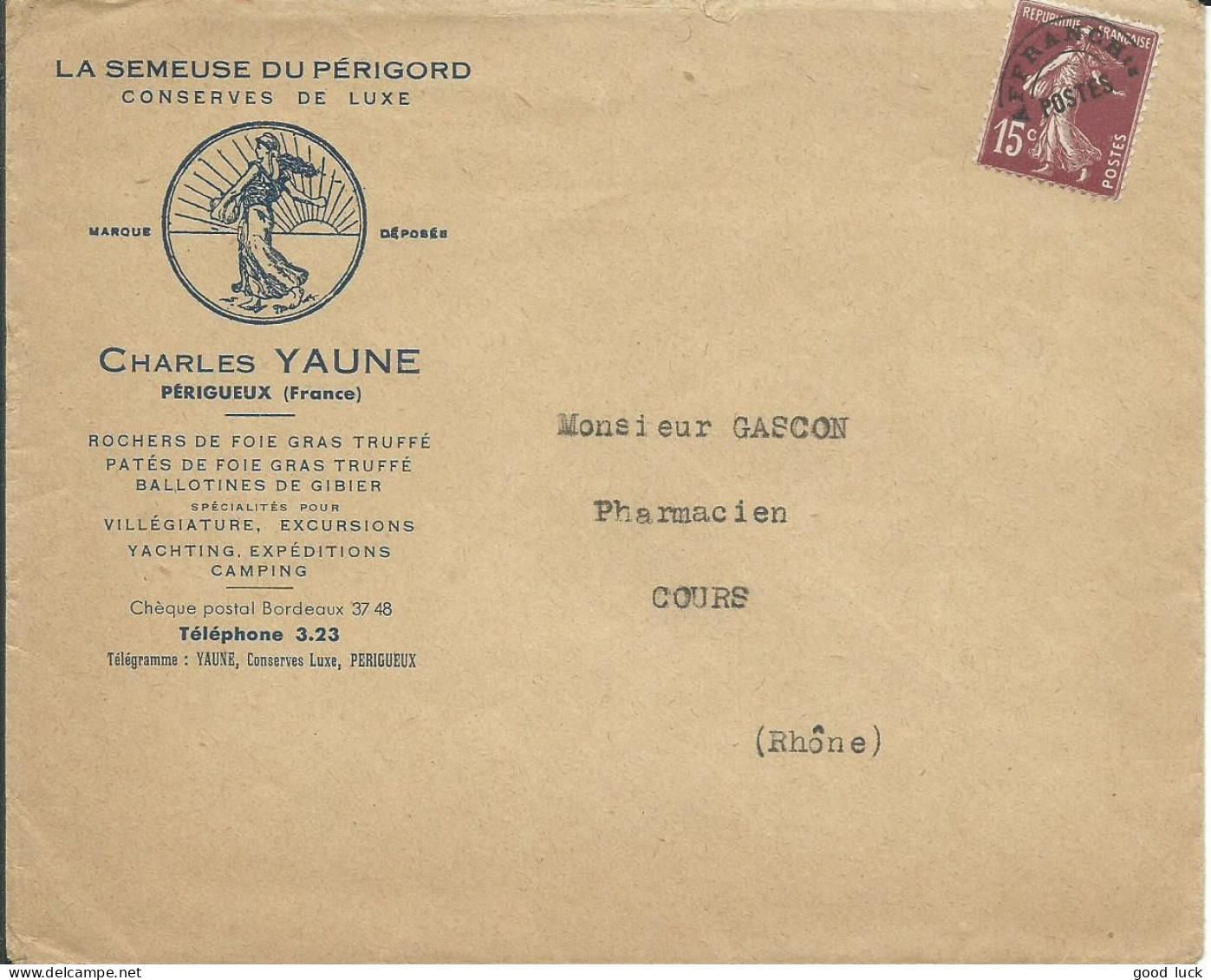 FRANCE LETTRE ILLUSTREE SEMEUSE 15c PREO PERIGUEUX (  DORDOGNE ) POUR COURS ( RHONE )  LETTRE COVER - 1893-1947