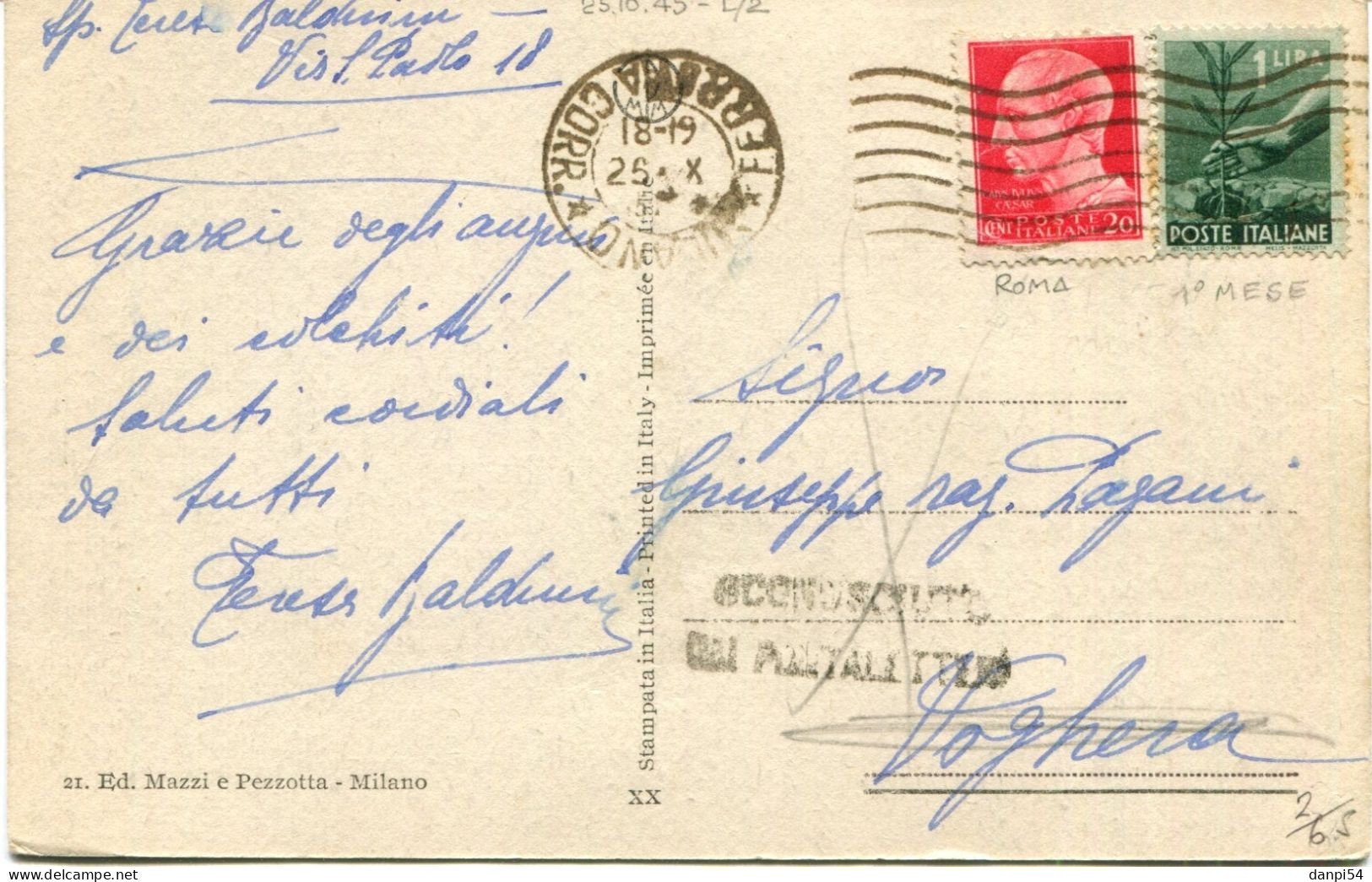 A147 - Cartolina Di Milano - Città Studi - Del 25-10-1945 Con 20c Imperiale S.f. E 1 Lira Democratica 1° Mese D'uso - Marcophilie (Avions)