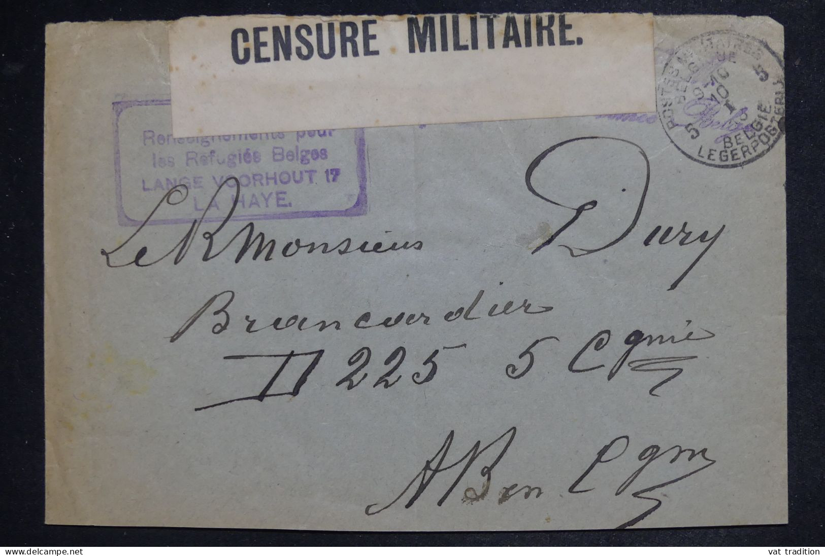 BELGIQUE - Enveloppe En Fm Pour Un Brancardier Belge Avec Contrôle Postal - Cachet De Réfugiés De La Haye  - L 151884 - Army: Belgium