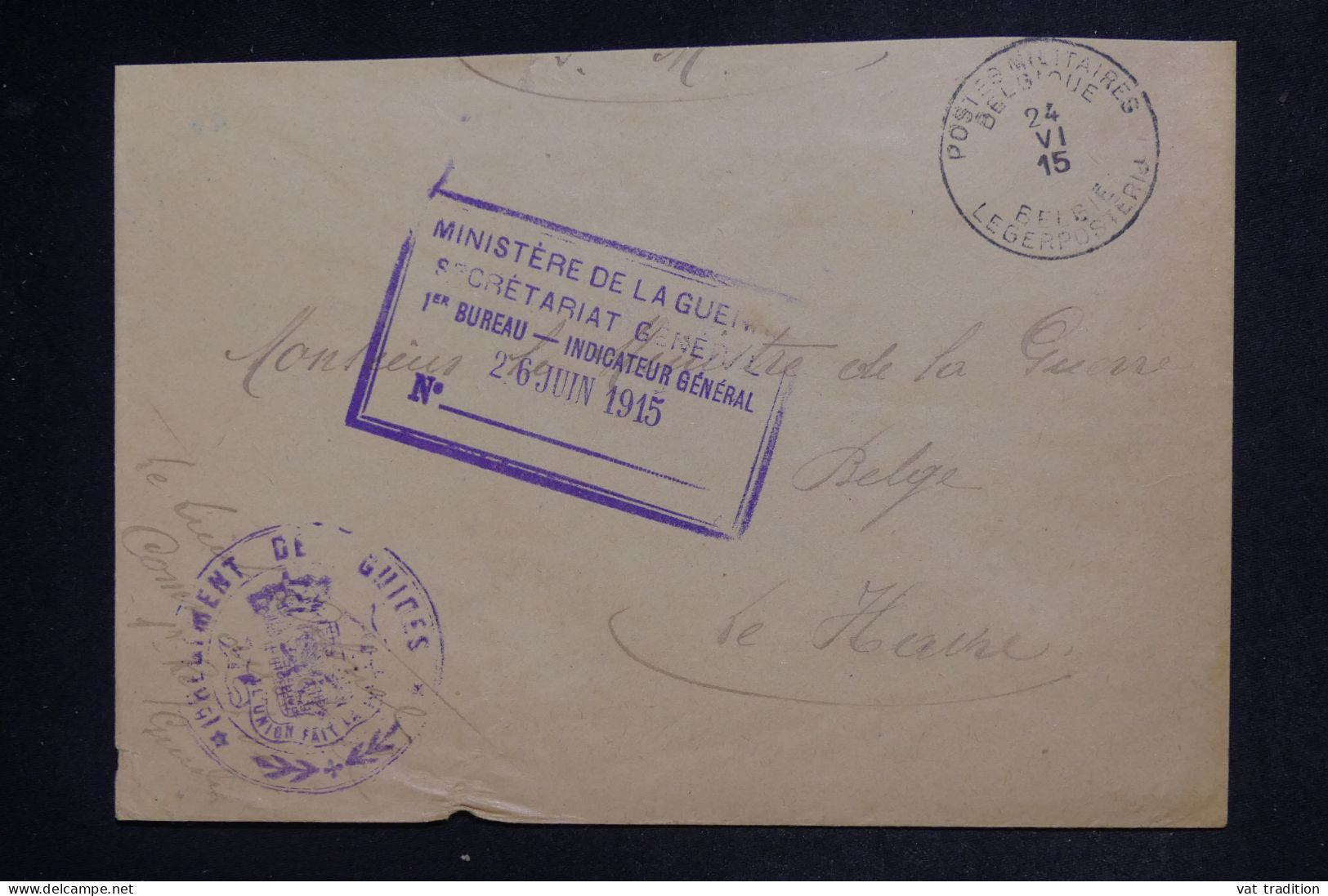 BELGIQUE - Enveloppe Du Ministère De La Guerre Pour Le Ministre De La Guerre Au Havre En 1915 - L 151885 - Belgische Armee