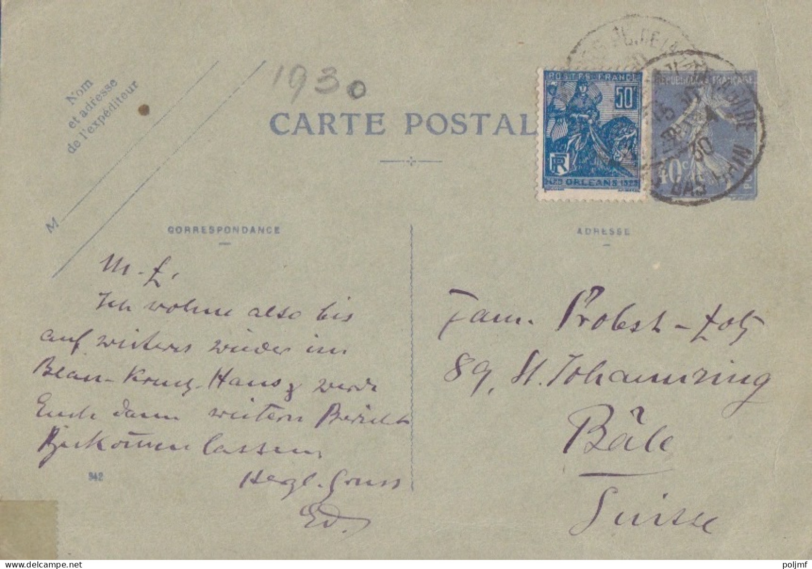 Entier 40c Outremer Semeuse Carton Gris-vert (1929 R1, Date 942) + 50c J. D'Arc Obl. Strasbourg Le 22/1/30 Pour Bâle - Standard Postcards & Stamped On Demand (before 1995)