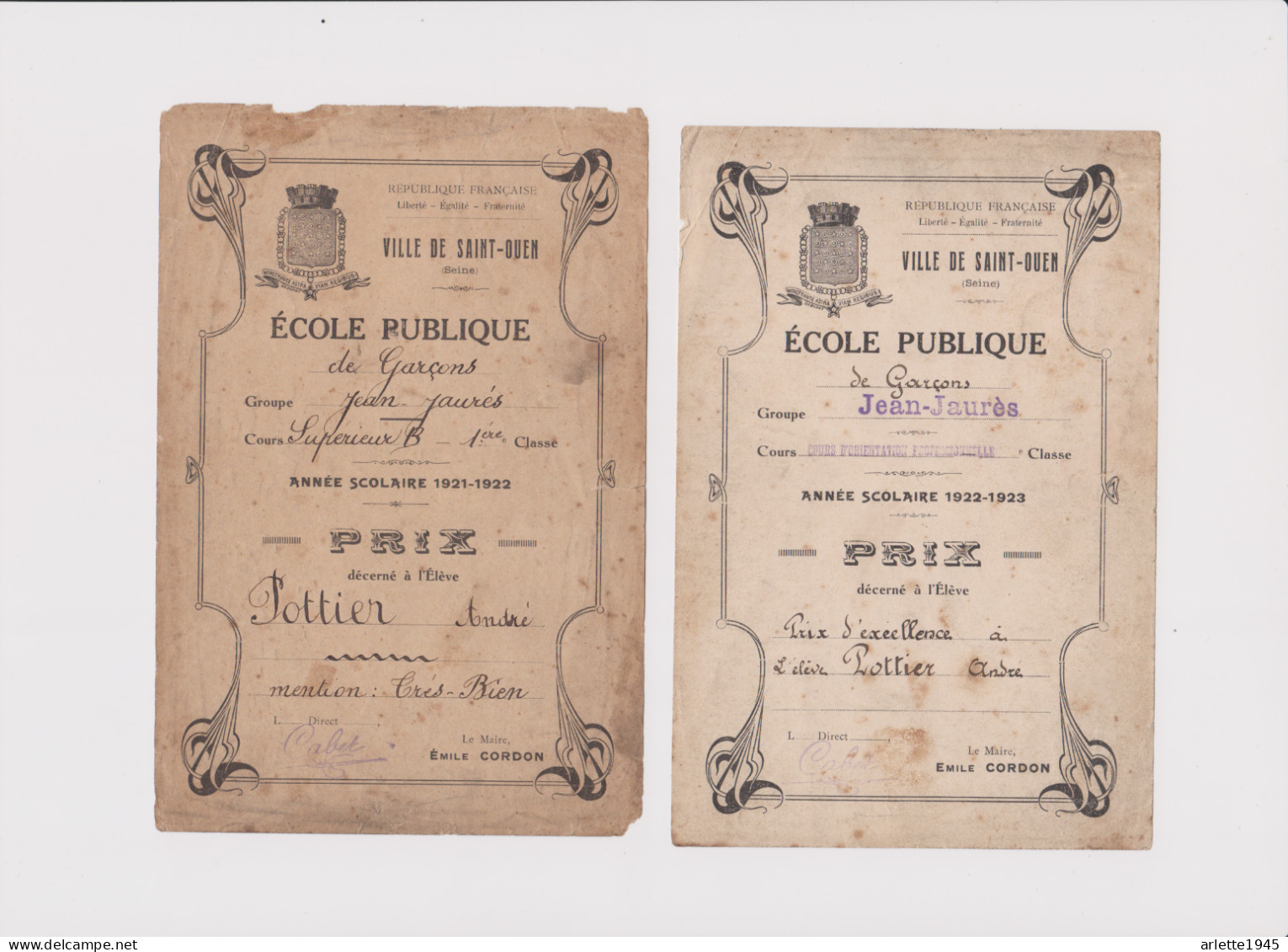 VILLE DE SAINT - OUEN ECOLE PUBLIQUE DE GARCONS PRIX ANNEE SCOLAIRE 1922 1923 - Diplomi E Pagelle