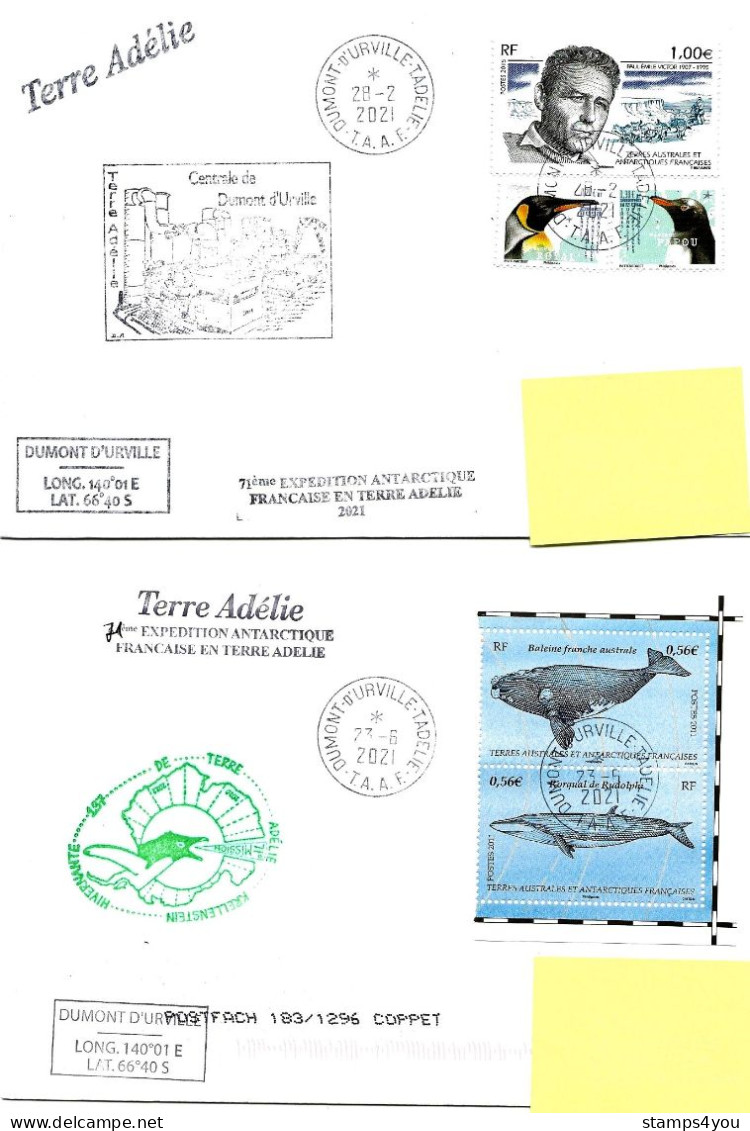 PO - 55 - 4 Plis Terre Adélie Avec Cachets Illustrés - Cartas & Documentos