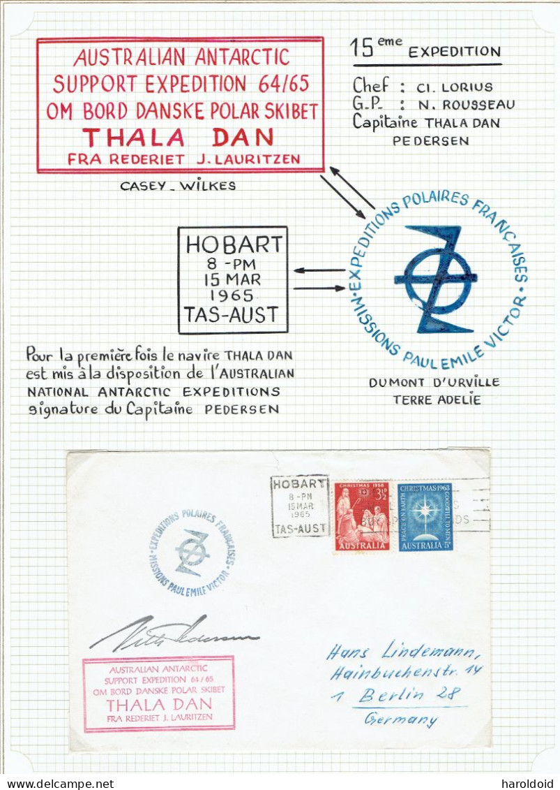 15e Expé Terre Adélie - Navire THALA DAN 1ère Mise à Disposition De L'Australian Antarctic Support Expedition - 15/3/65 - Cartas & Documentos