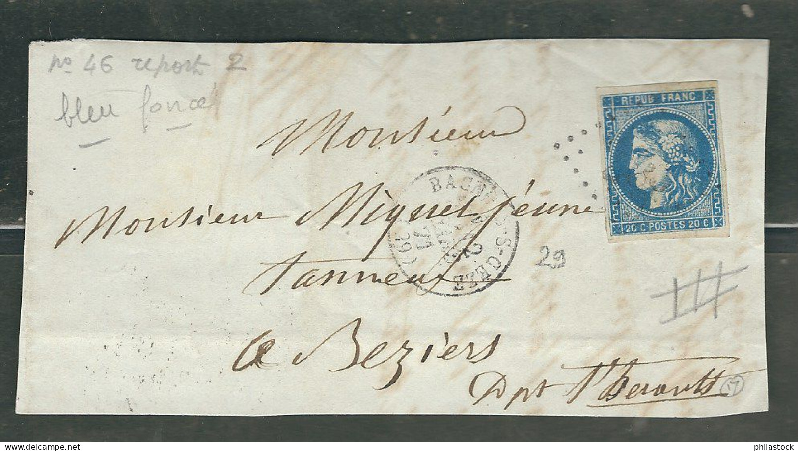 FRANCE 1871 N° 46 Rep II Obl. S/fragment GC 285 Bagnols Sur Céze - 1870 Emission De Bordeaux