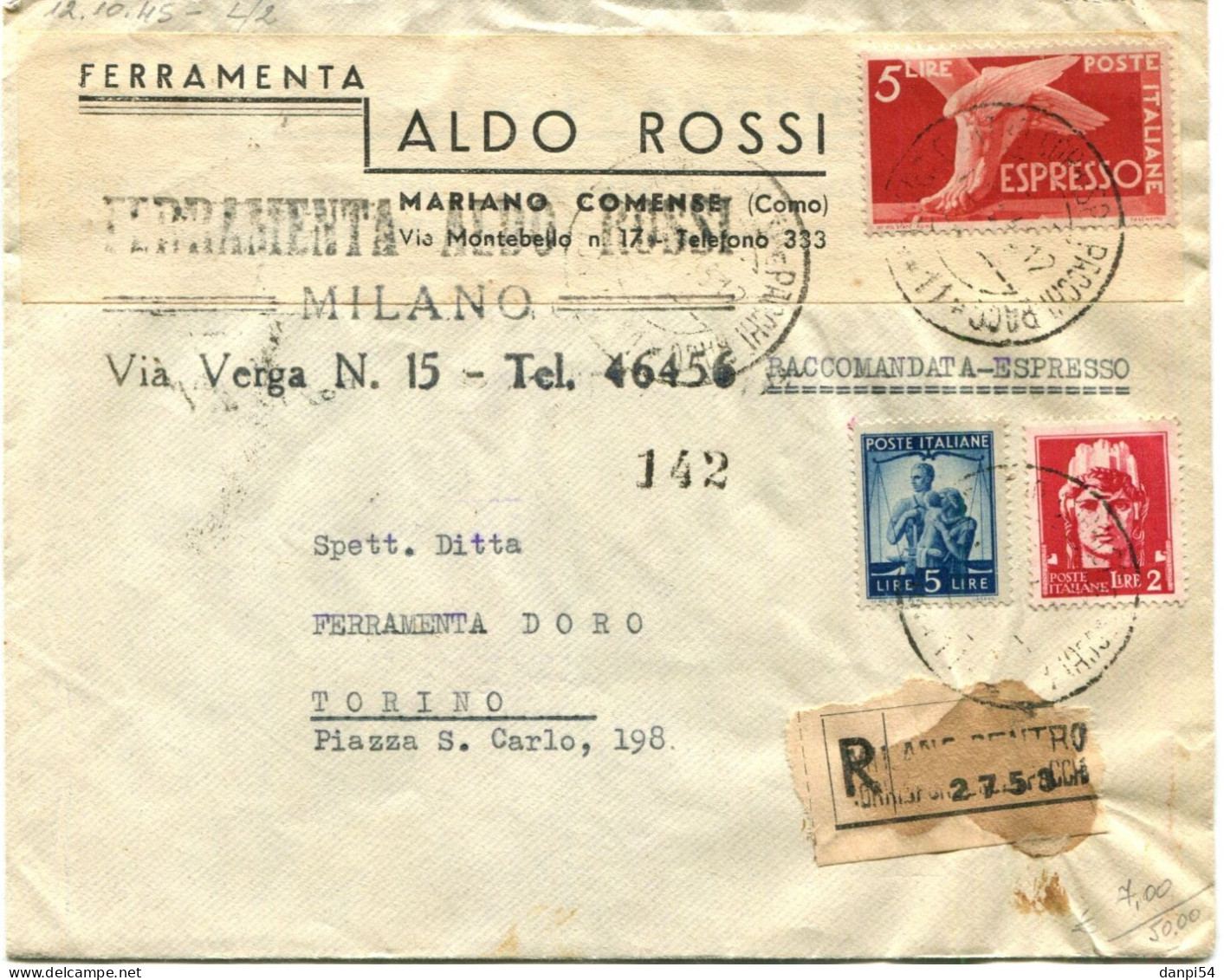 A148 - Racc. Espresso Da Milano A Torino Del 12-10-45 Con Imperiale 2l.espresso 5l. E Democratica 5l 2° Settimana D'uso - Marcofilía