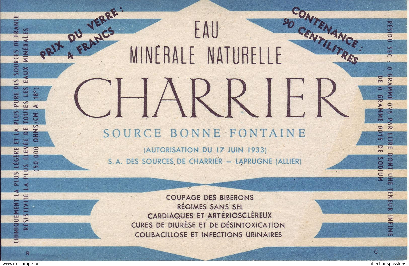 - Etiquette: Eau Minérale Naturelle. Charrier Source Bonne Fontaine - Laprugne (Allier) - Modèle 2 - - Autres & Non Classés