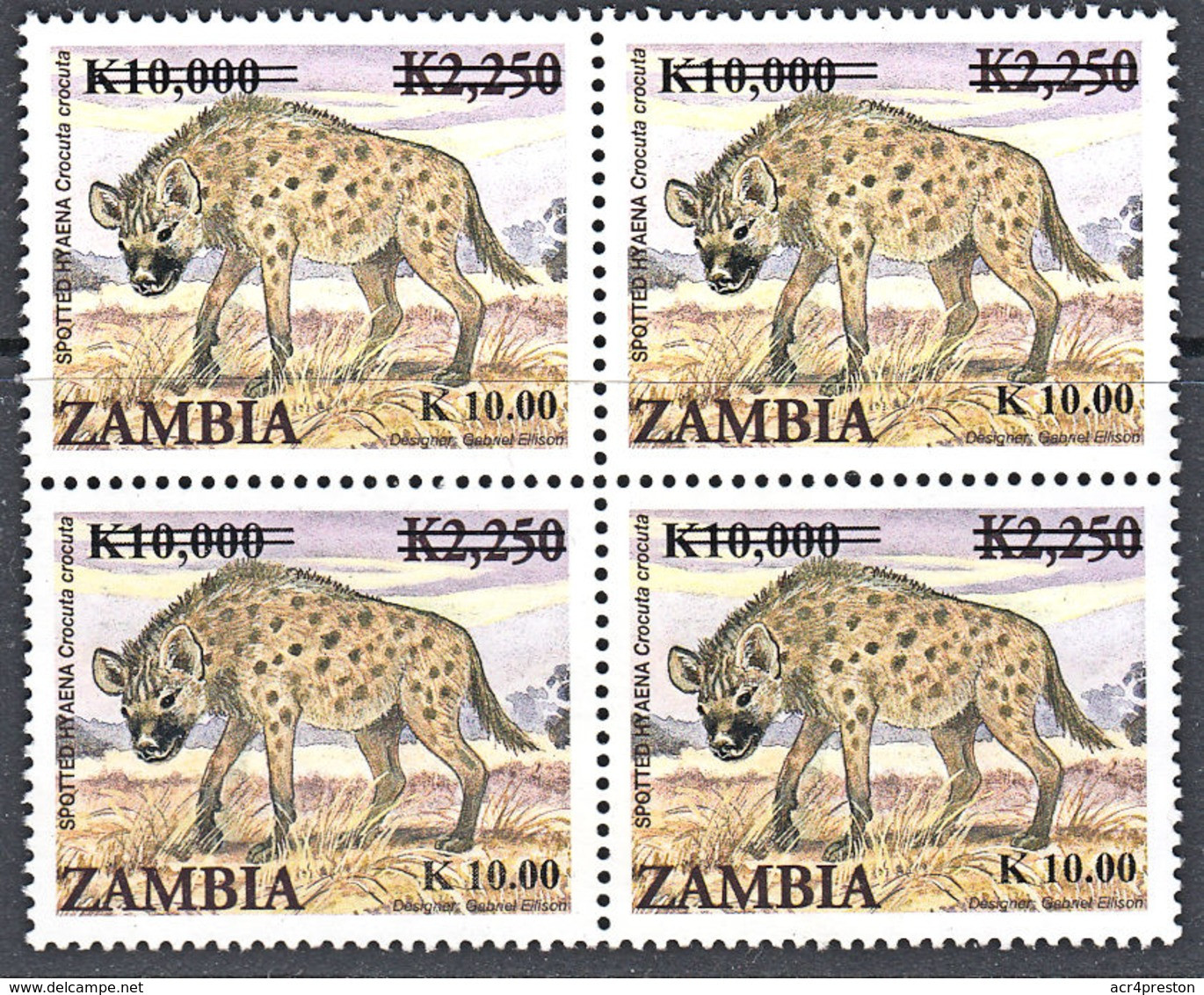 H0065 ZAMBIA 2013, SG1104 New Currency K10.00 On K10,000 On K2,250 Animals, MNH Marginal Block Of 4 - Zambia (1965-...)