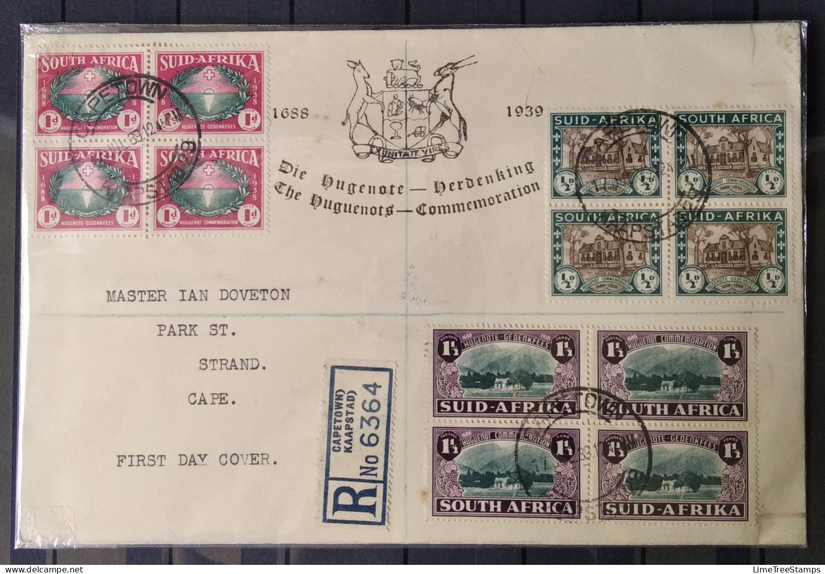 SOUTH AFRICA 1939 Huguenots Commemoration FDC Registered Envelope (blocks Of 4) - Cartas