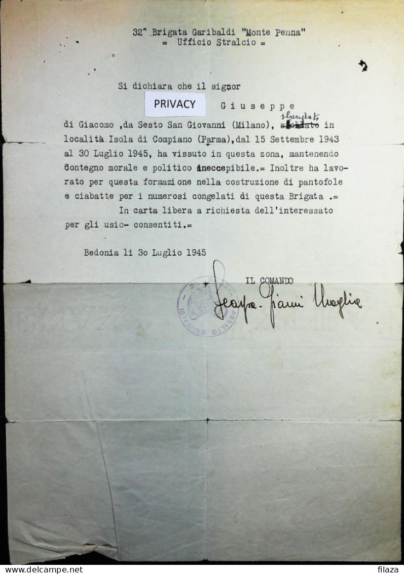 WW2 – 1945 CLN BRIGATA GARIBALDI BEDONIA - CORPO VOLONTARI DELLA LIBERTA' - Partigiani – S6888 - Documents