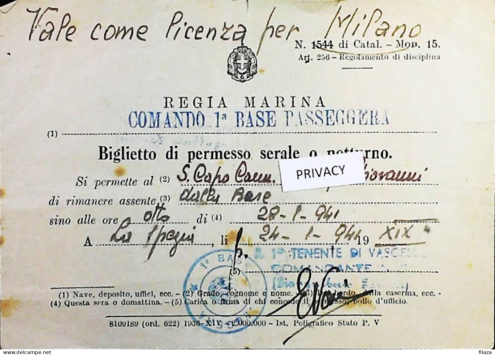 WW2 – 1941 BIGLIETTO DI PERMESSO - S6912 - Documents