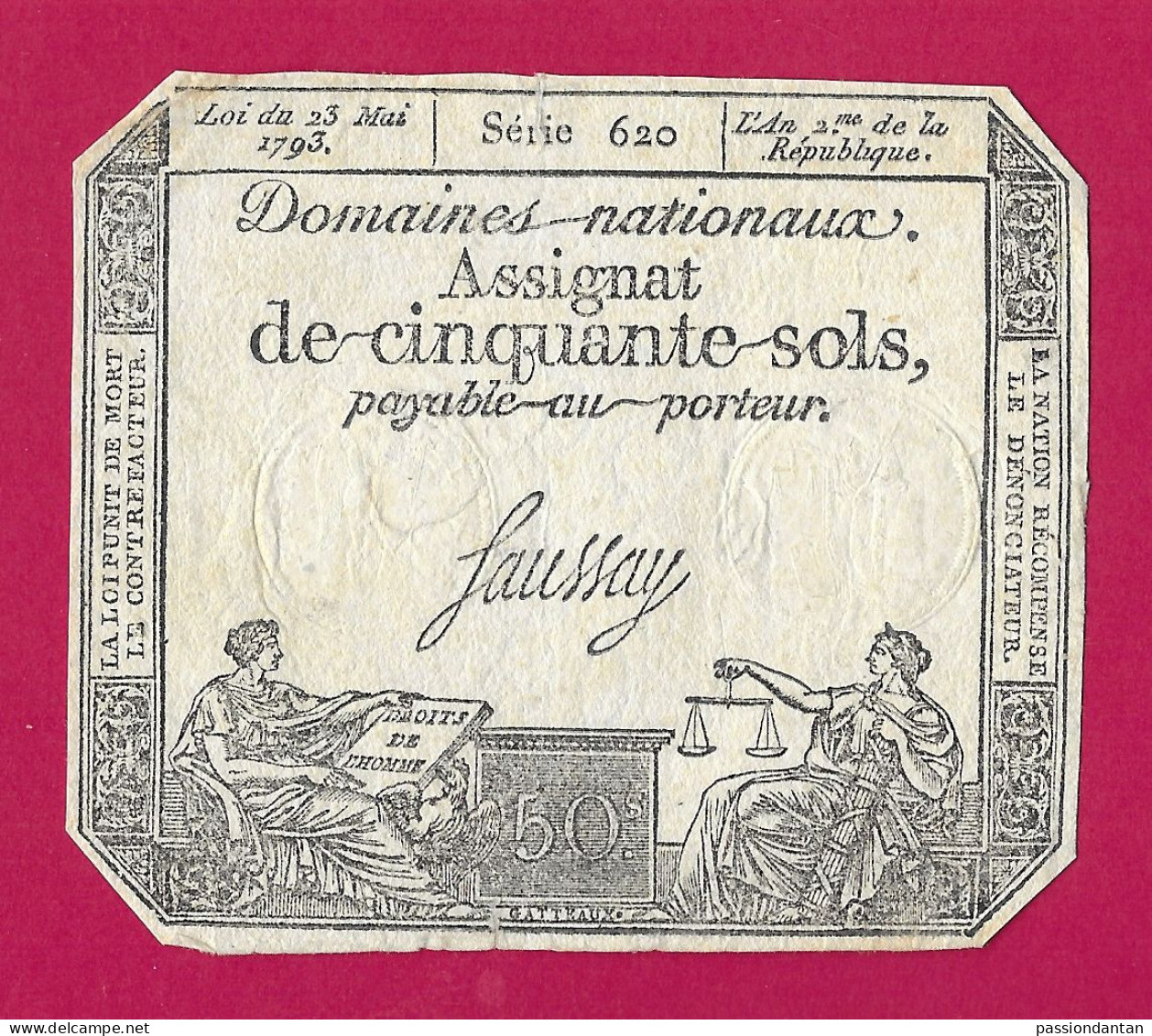 Assignat De Cinquante Sols - Série 620 - Signé Saussay - Assignats & Mandats Territoriaux