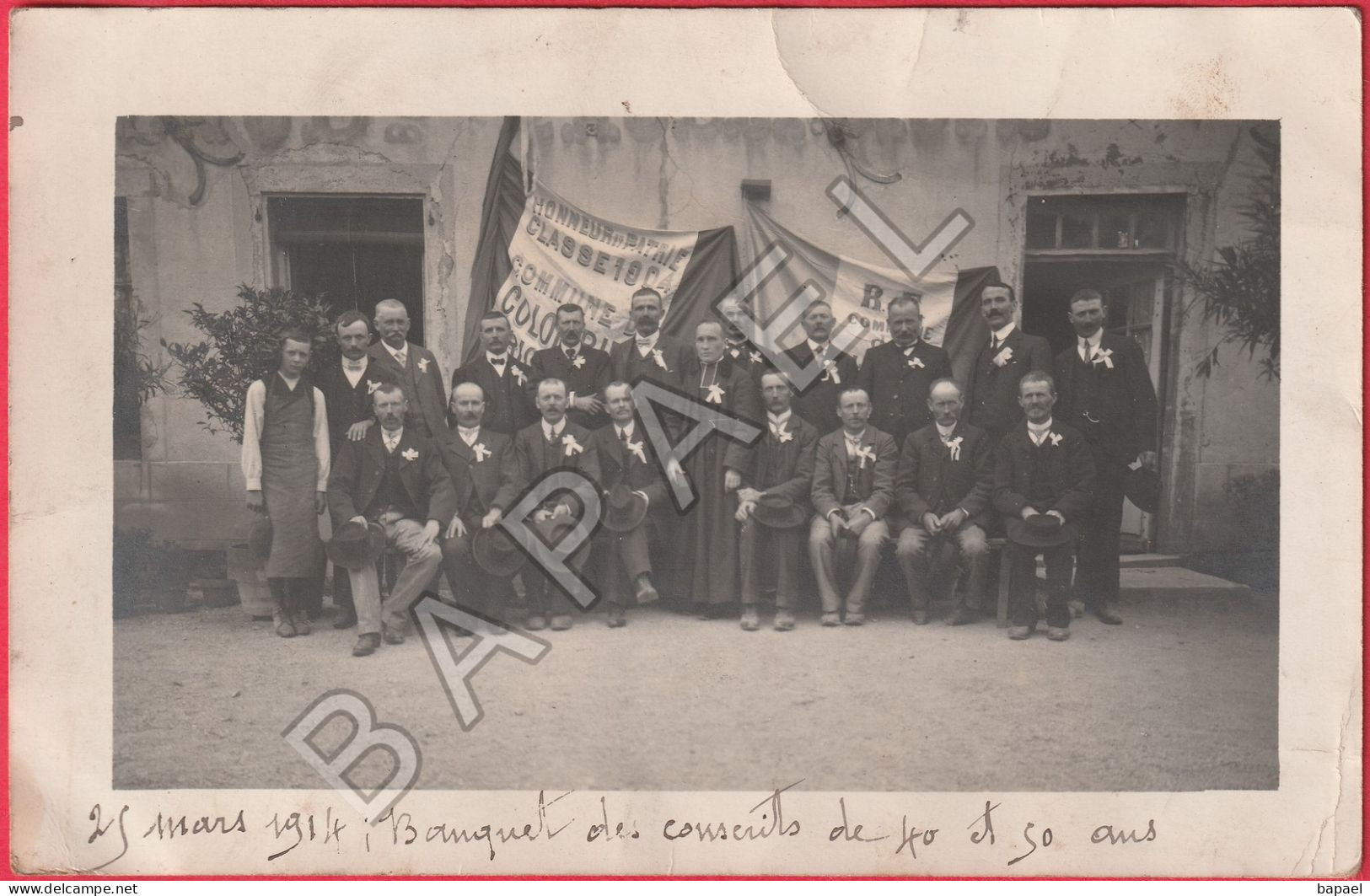 Banquet Des Conscrits De 40 Et 50 Ans Le 25 Mars 1914 (Peut-Être Colombier-en-Brionnais Dans Le 71) - Personen