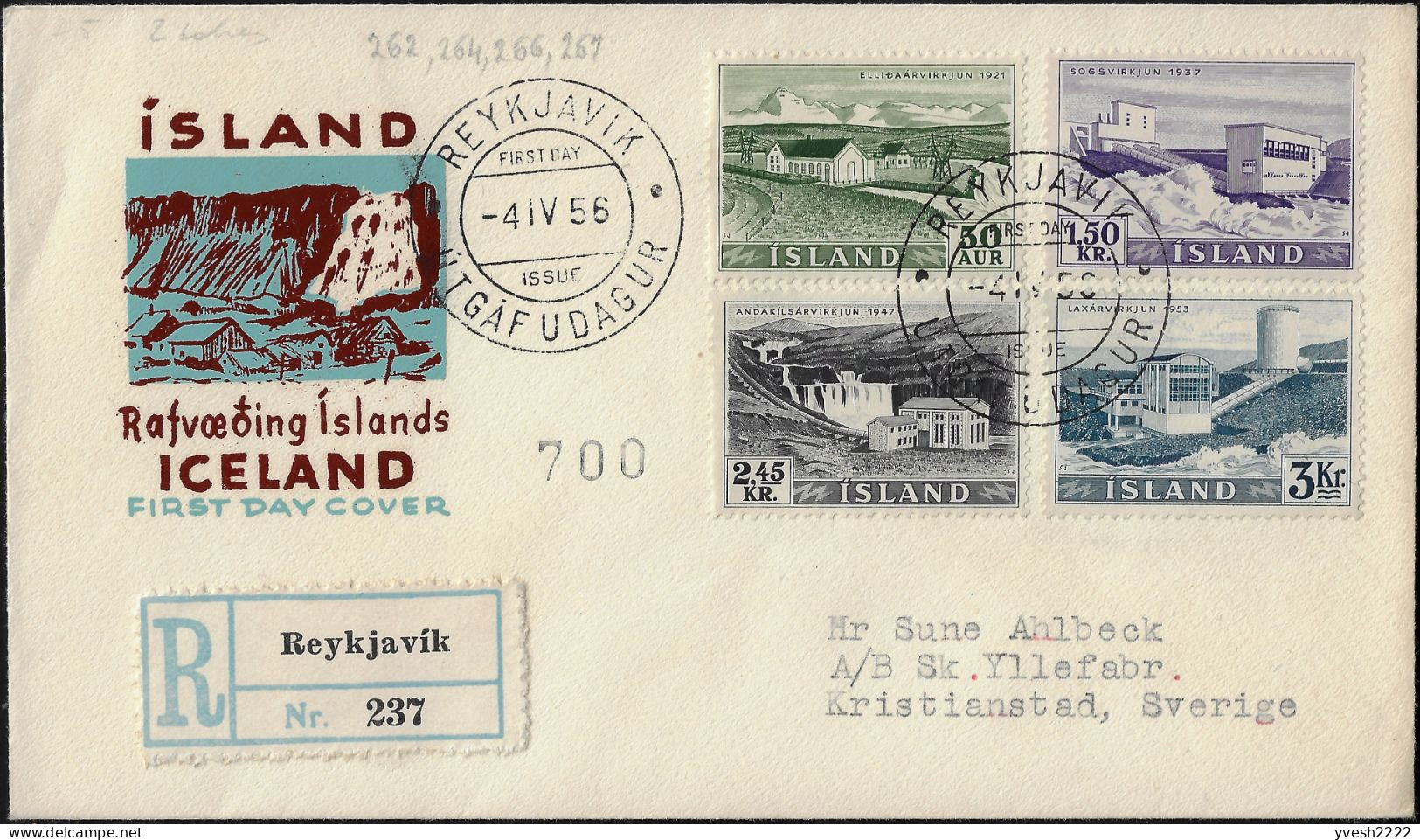 Islande 1956 Y&T 261 à 268 Sur 2 FDC. Électrification, Chutes D'eau, Barrages - Elektrizität