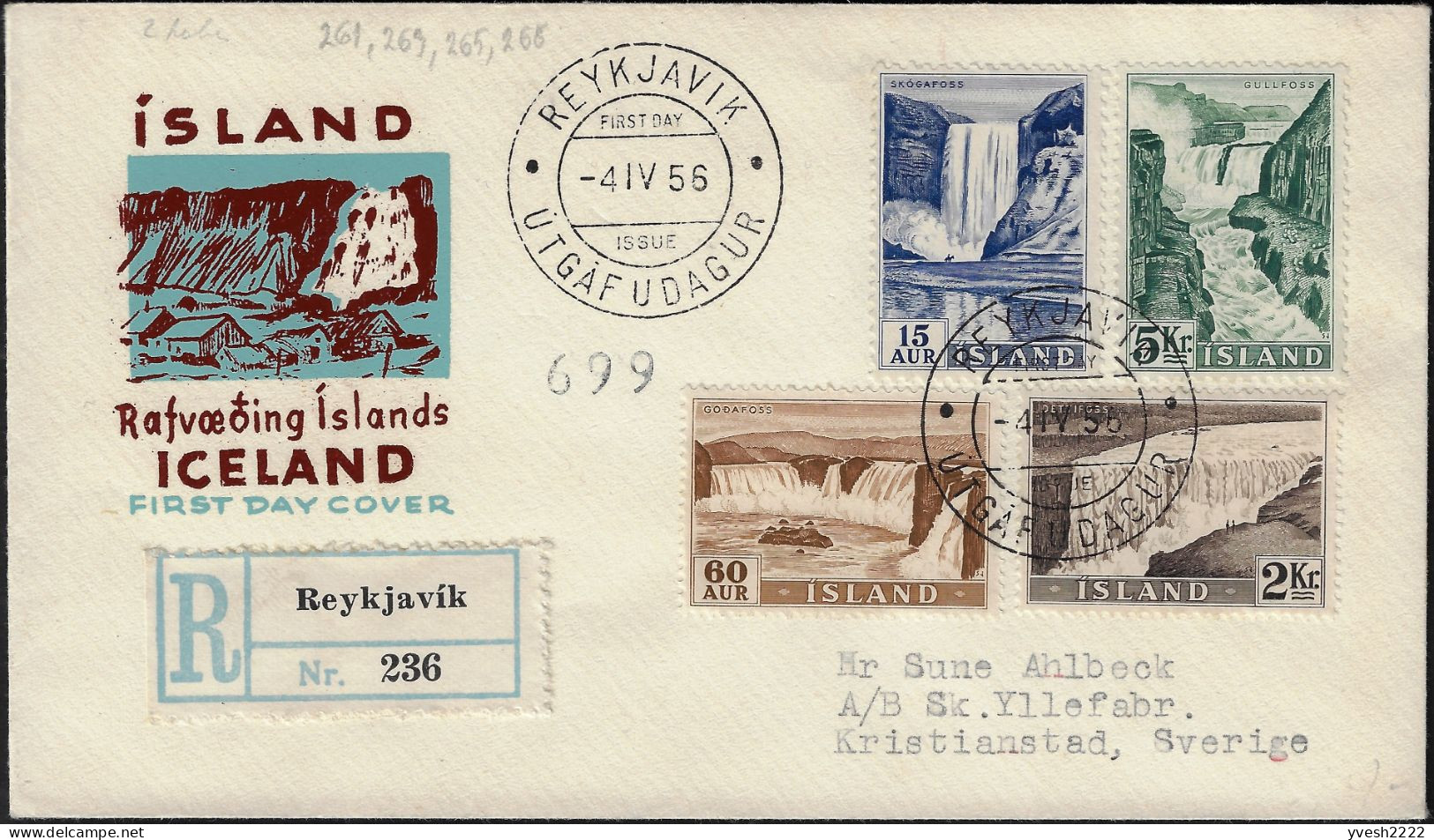 Islande 1956 Y&T 261 à 268 Sur 2 FDC. Électrification, Chutes D'eau, Barrages - Elettricità