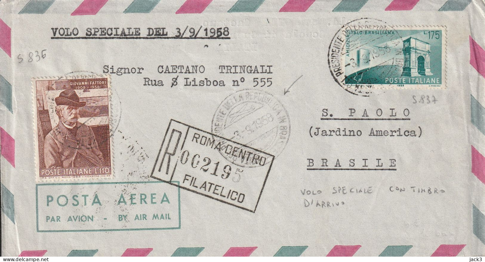 Busta Repubblica Via Aerea Volo Speciale Brasile 1958 - Luftpost