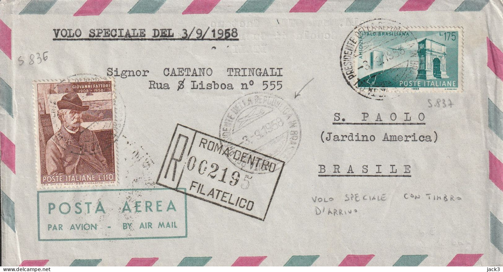 Busta Repubblica Via Aerea Volo Speciale Brasile 1958 - Poste Aérienne