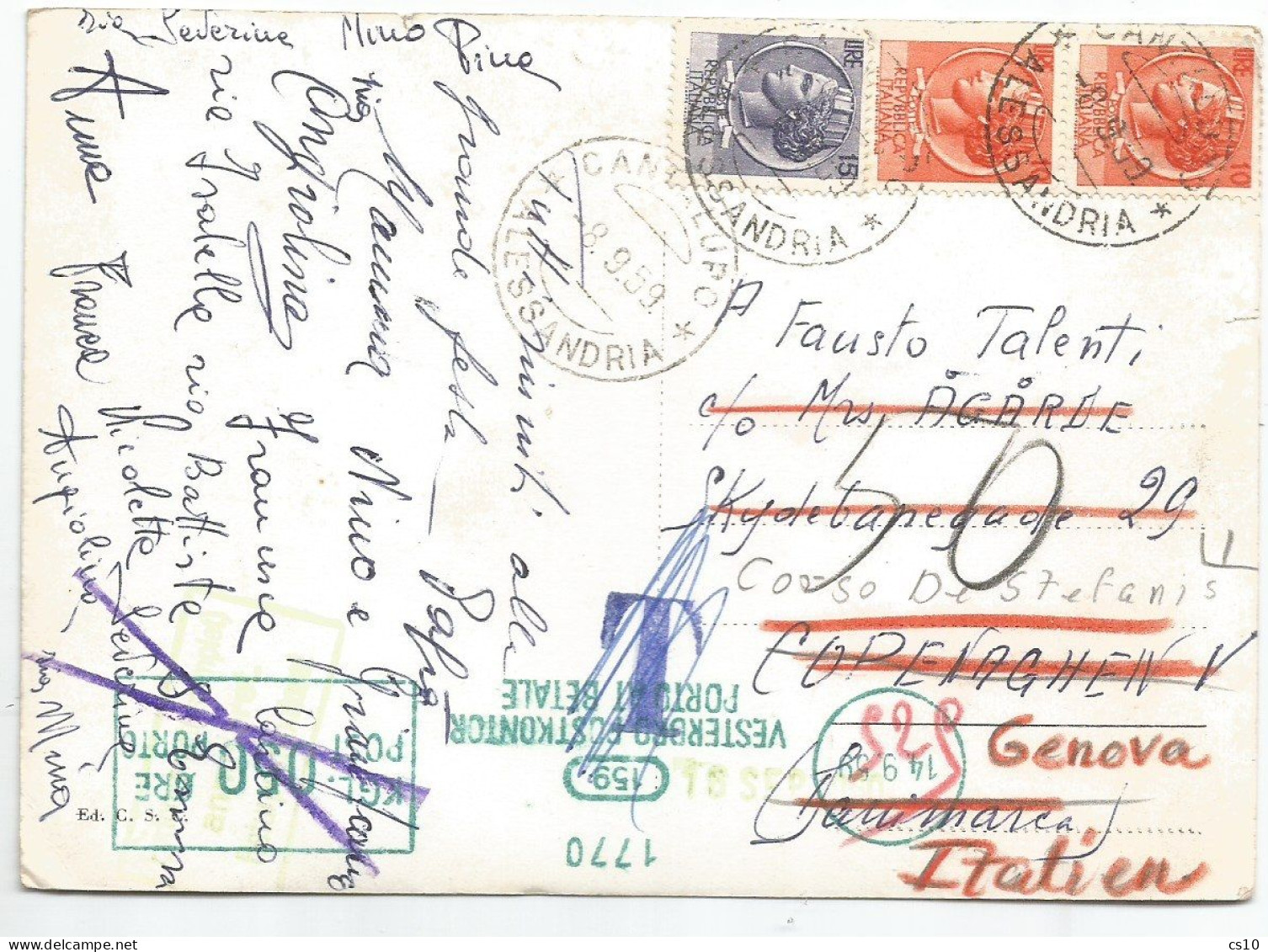 Nice Journey !!! Cart.Cantalupo AL 8set1959 X Copenhagen Tassata Poi Detassata Rispedita Genova Ritassata E Defalcata - Cartas & Documentos