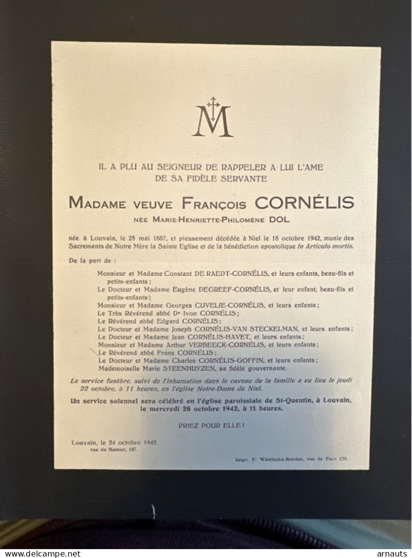 Madame François Cornelis Nee Marie Dol *1857 Louvain Leuven +1942 Niel De Raedt Cuvelie Van Steckelman Havet Steenhuyzen - Décès