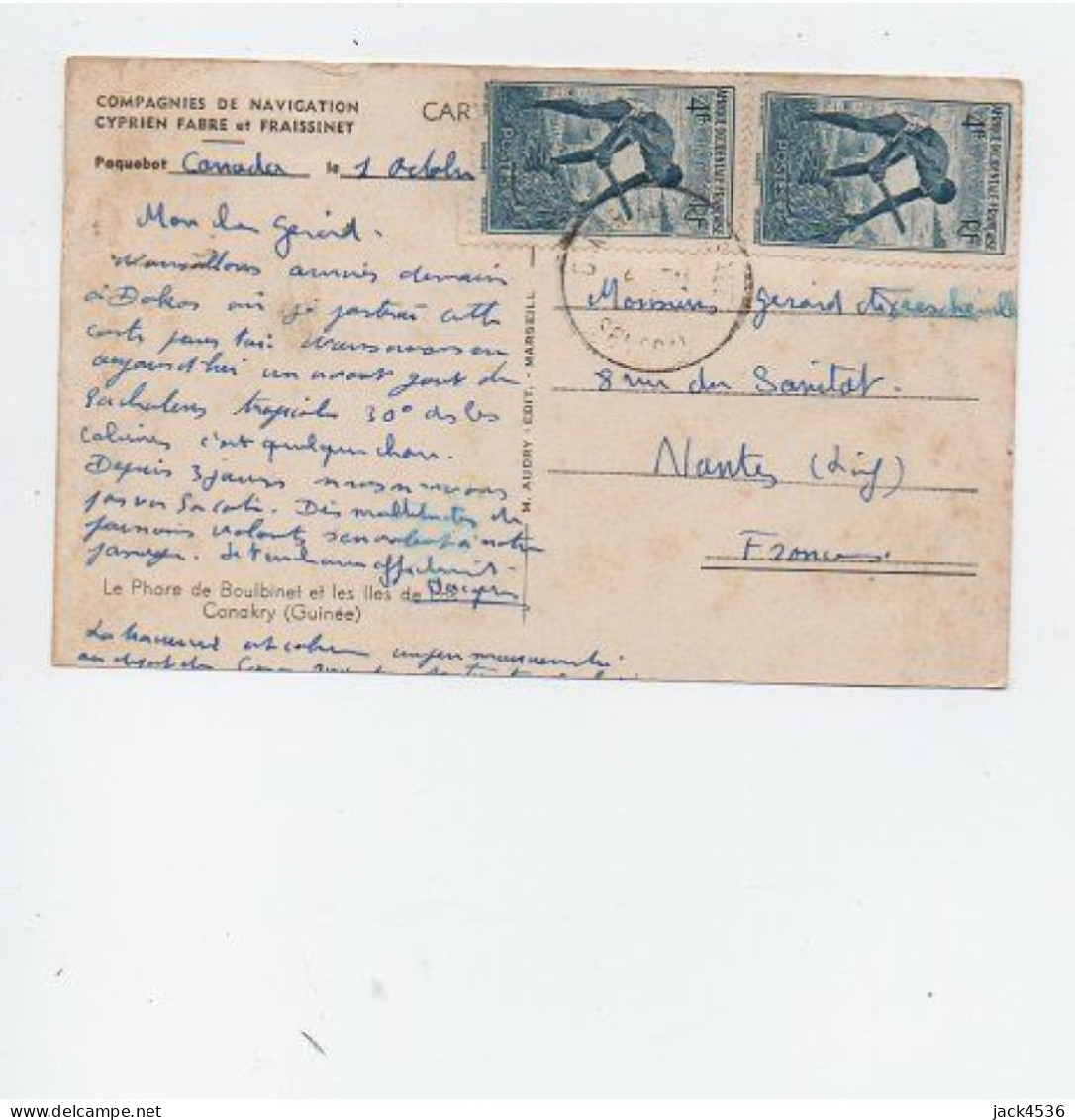 Carte Postale Ancienne - Circulé - GUINEE - CONAKRY - Phare De BOULBINET, Iles De L' OS - Comp. Nav. FABRE Et FRAISSINET - Französisch-Guinea