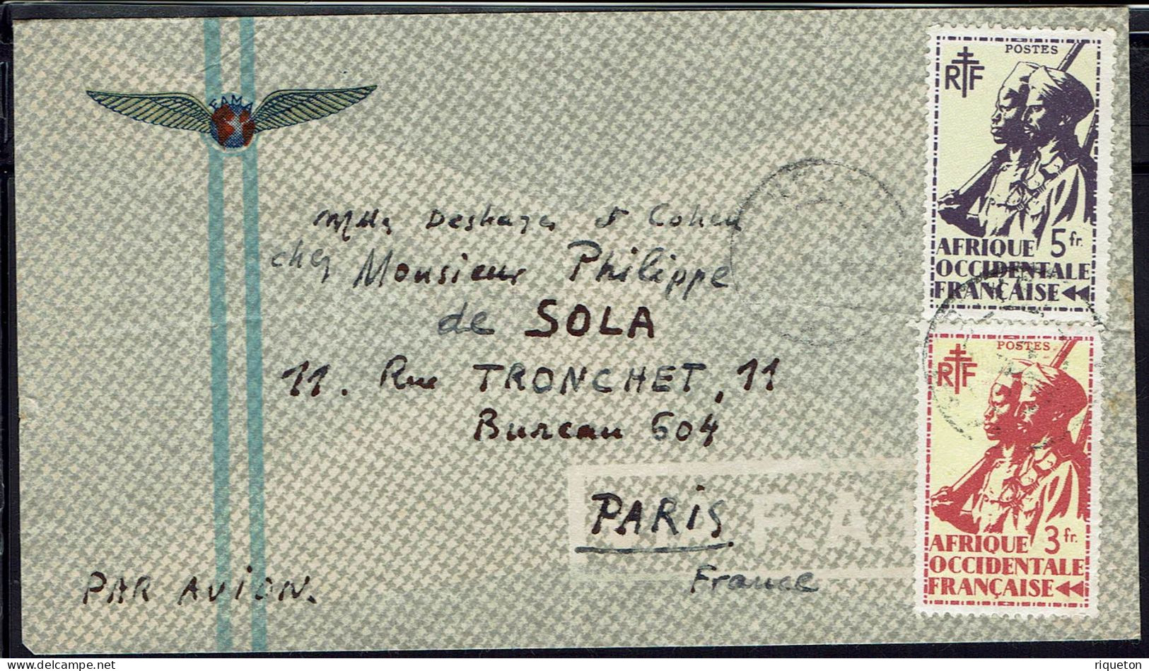 A.O.F. 1945. Affranchissement N° 16 Et 19 Sur Enveloppe Par Avion Cie FAMA Pour Paris. - Cartas & Documentos