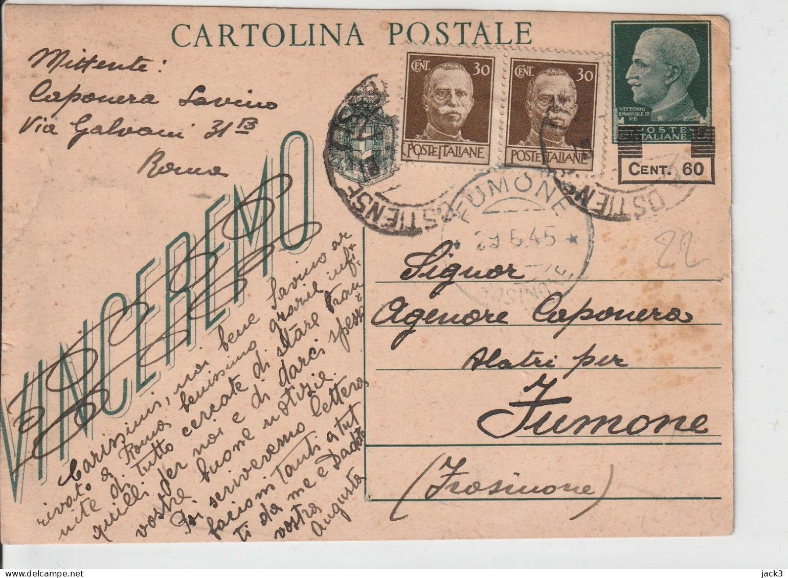 Intero Postale Luogotenenza Sovrastampa Spostata Roma 25.5.45 (sovrastampa Cent.60) - Poststempel