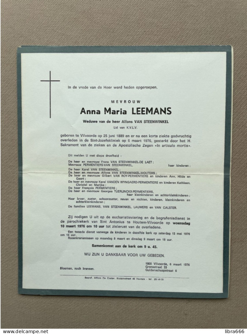 LEEMANS Anna Maria °VILVOORDE 1889 +VILVOORDE 1976 - VAN STEENWINKEL - LAUWERS - VAN CALSTER - DE LAET - PERMENTIERS - Décès