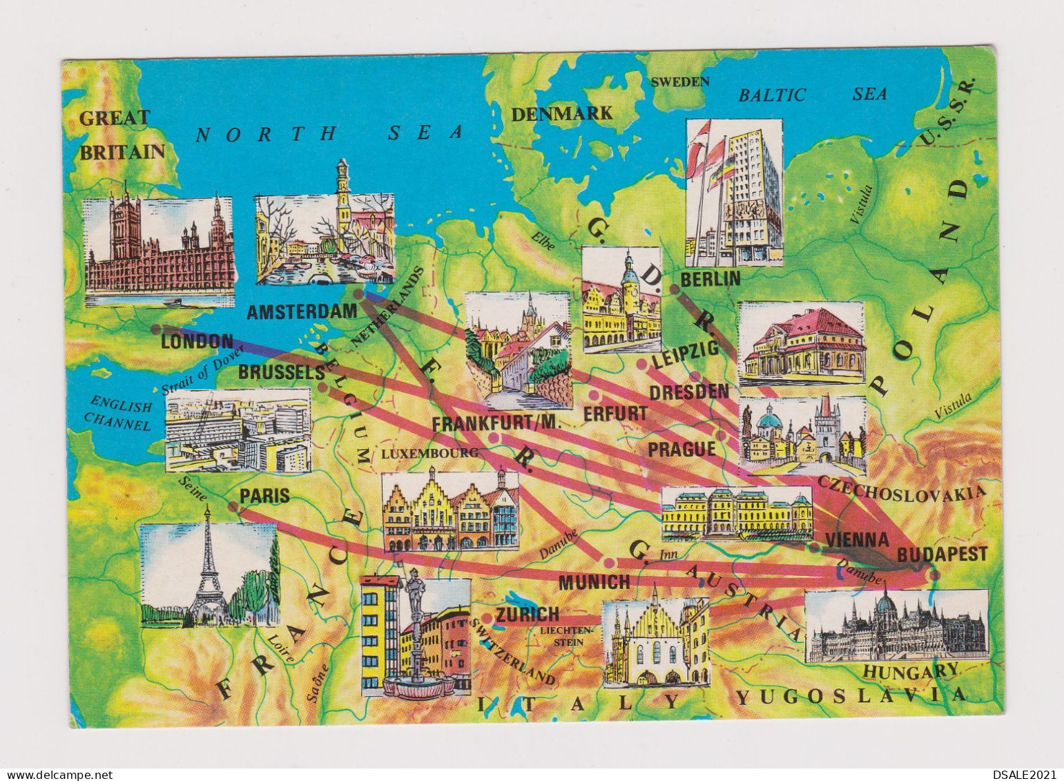 Hungary Carrier MALEV Hungarian Airlines Route Map Advertising Poster Postcard, Vintage Postcard AK (637) - Mapas