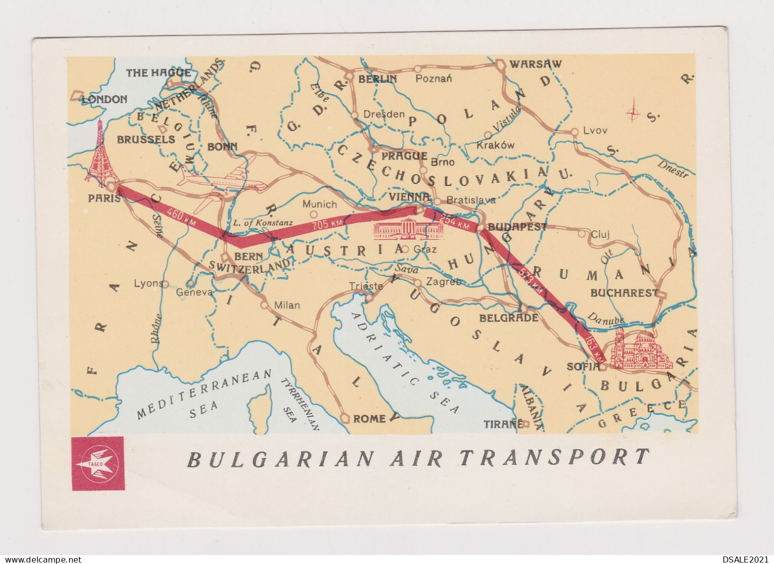 Joint Bulgarian Soviet Russia Airline Carrier TABSO Airline Route Map Advertising Poster Postcard, Vintage Postcard /663 - Mapas