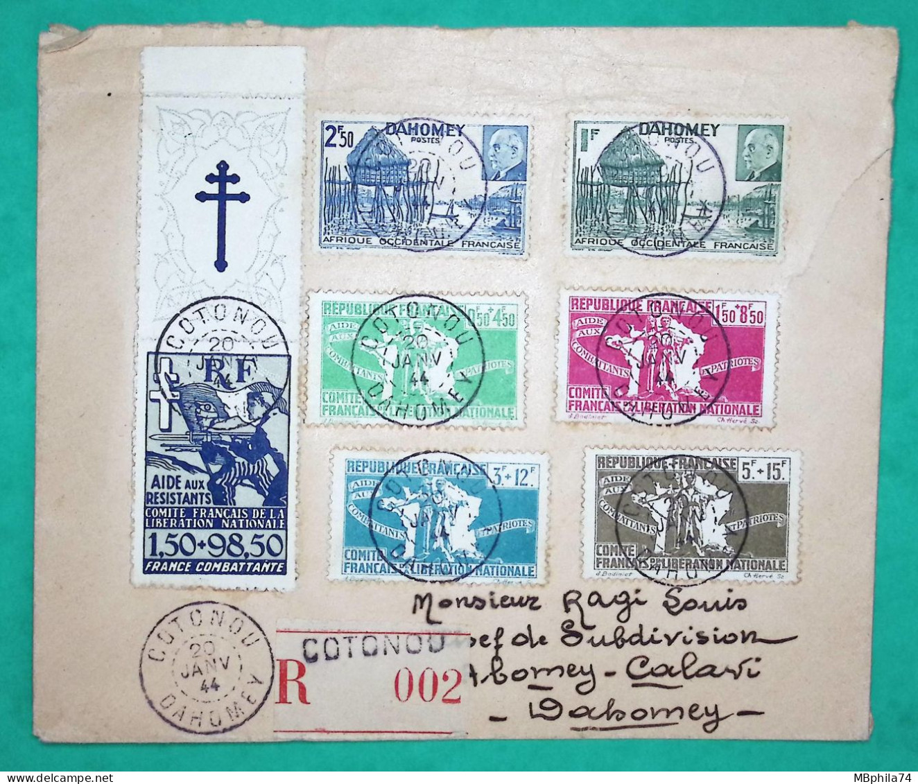 RECOMMANDE COTONOU PETAIN DAHOMEY + SERIE TIMBRE CFLN RARE 1944 WW2 LETTRE COVER FRANCE - Covers & Documents