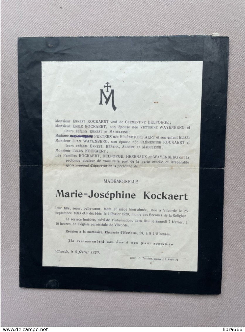 KOCKAERT Marie Joséphine °VILVOORDE 1883 +VILVOORDE 1920 - DELFORGE - HEERNAUX - WAYENBERG - PEETERS - Décès
