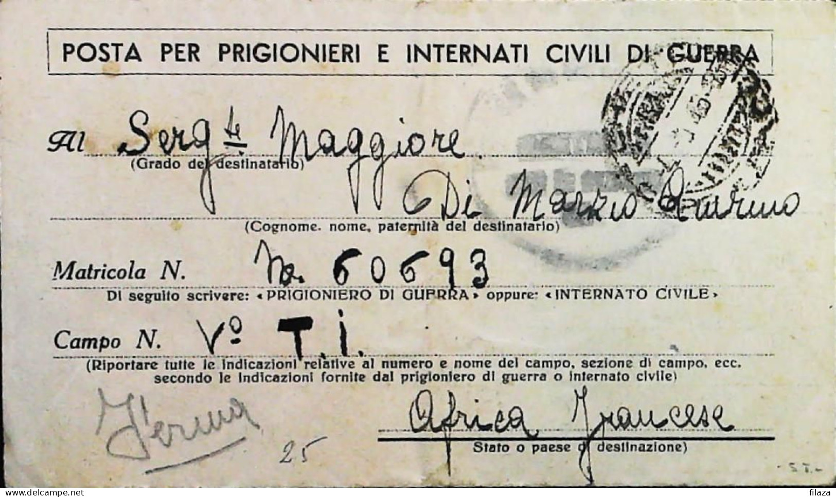 POW WW2 – WWII Italian Prisoner Of War In AFRICA FRANCESE - Censorship Censure Geprüft  – S7755 - Military Mail (PM)