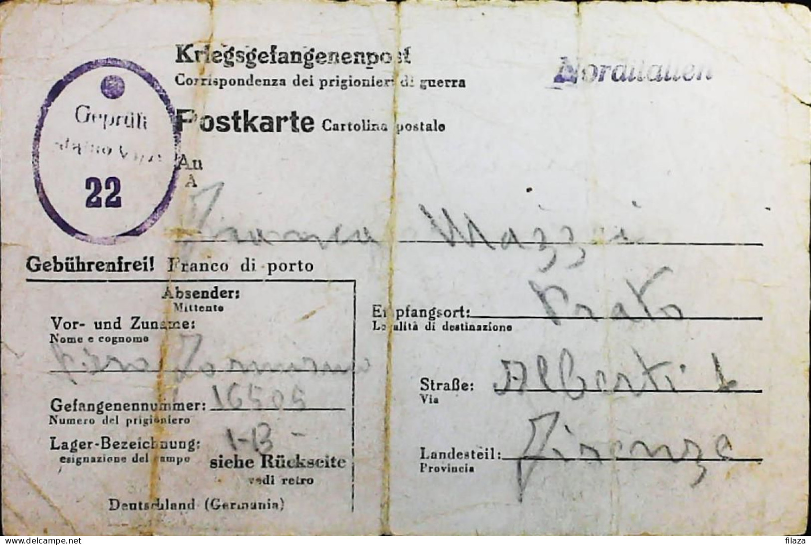 POW WW2 – WWII Italian Prisoner Of War In Germany - Censorship Censure Geprüft  – S7694 - Posta Militare (PM)