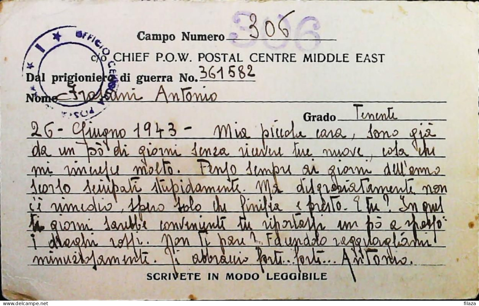 POW WW2 – WWII Italian Prisoner Of War In MIDDLE EAST AFRICA - Censorship Censure Geprüft  – S7734 - Poste Militaire (PM)