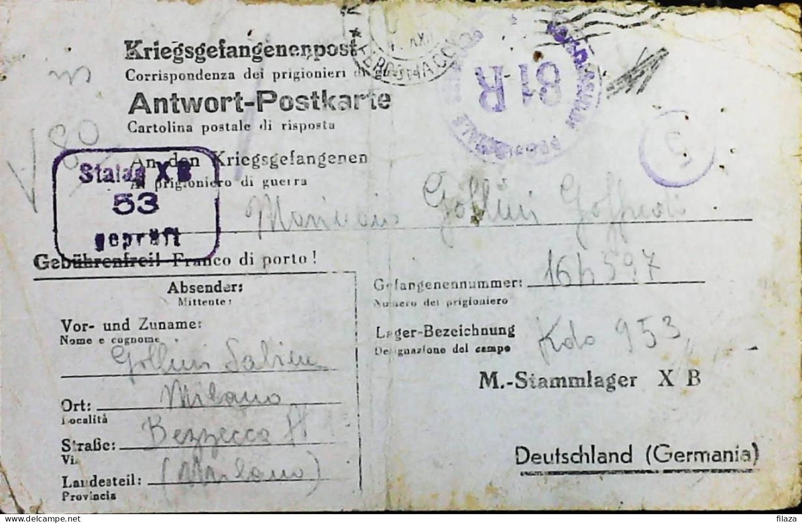 POW WW2 – WWII Italian Prisoner Of War In Germany - Censorship Censure Geprüft  – S7705 - Military Mail (PM)