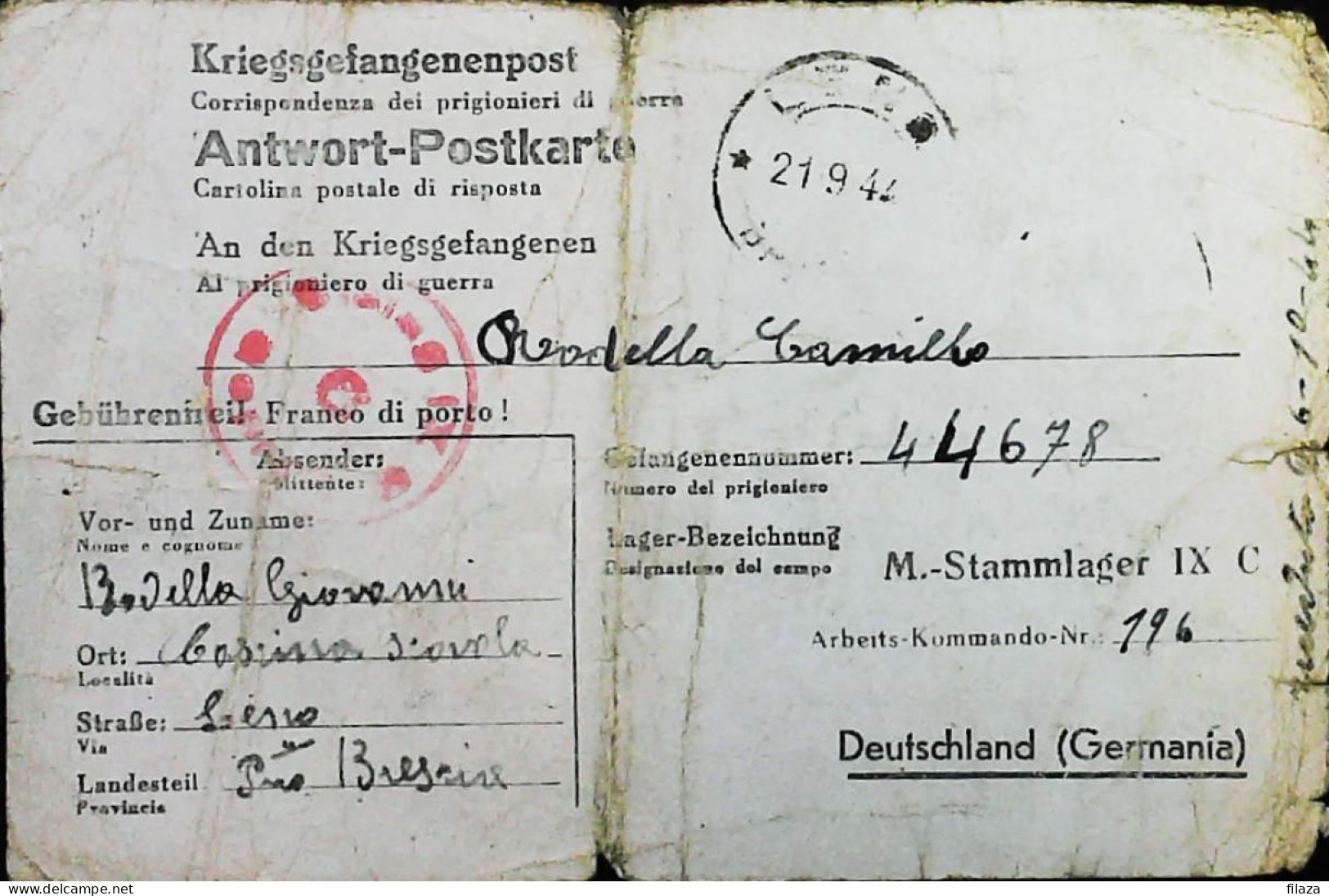 POW WW2 – WWII Italian Prisoner Of War In Germany - Censorship Censure Geprüft  – S7691 - Poste Militaire (PM)