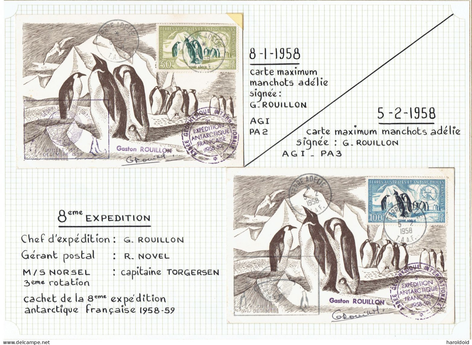 8e Expé Terre Adélie - 2 Artes Postales Signées G. Rouillon - Cachet De La 8e Expédition - 8/1/58 Et 5/2/58 - Lettres & Documents