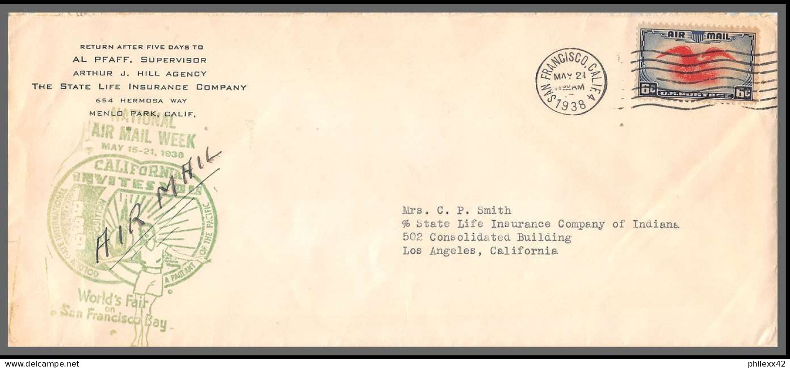 12739 Lettre Airmail Week San Francisco 21/5/1938 Cover Usa Aviation - Aviones