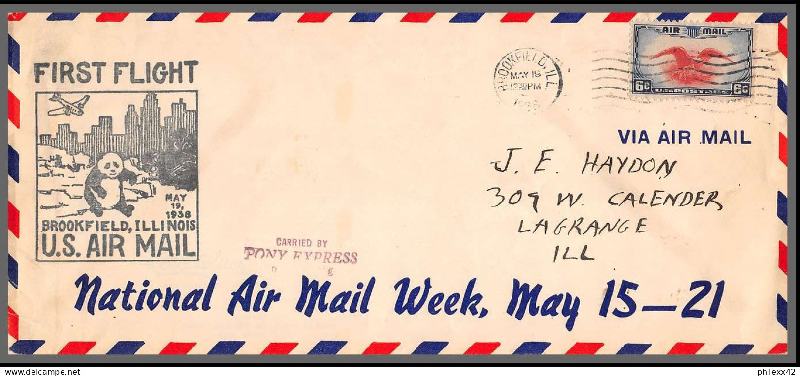 12738 Brookfield Pony Express 19/5/1938 Premier Vol First Flight Lettre Airmail Cover Usa Aviation - Aviones
