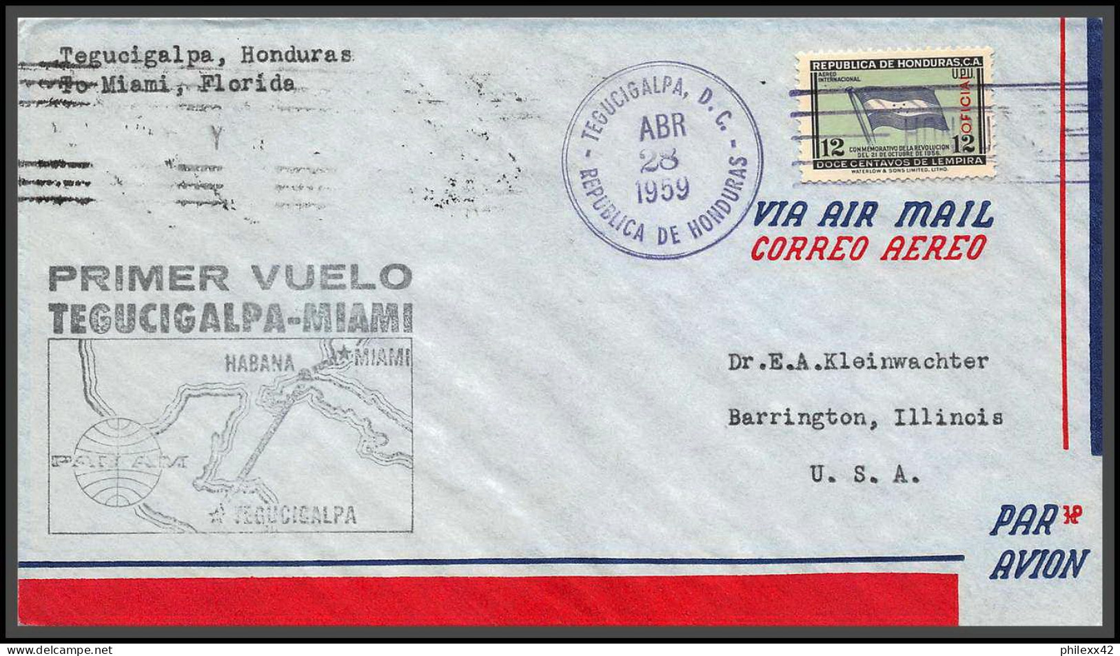 12733 Tegucigalpa Miami 28/4/1959 Premier Vol First Flight Lettre Airmail Cover Honduras Aviation - Aviones