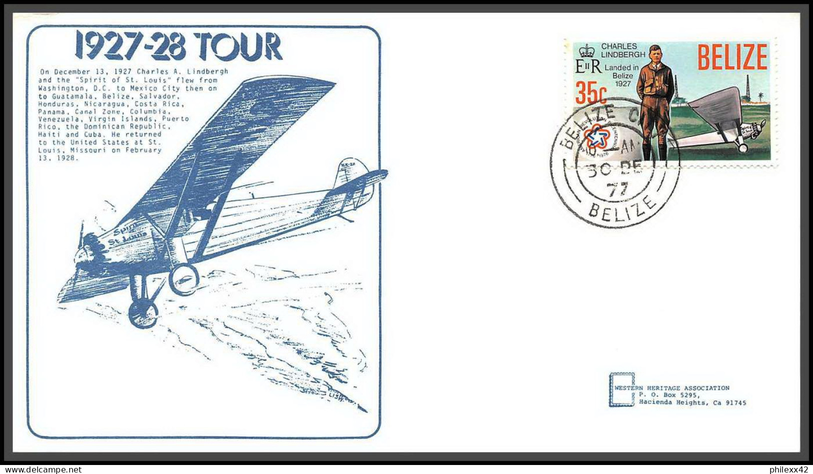 12731 1927-28 Tour Lindbergh 30/12/1977 Lettre Airmail Cover Belize Aviation - Aviones