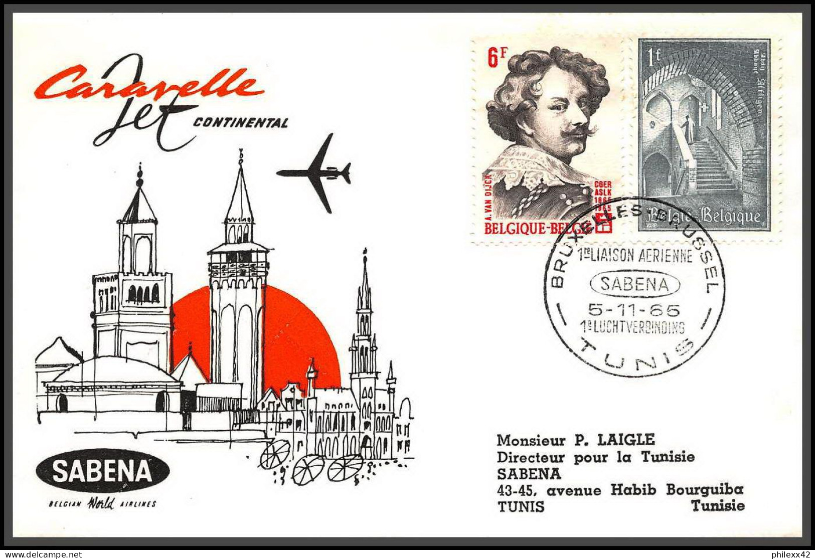 12726 Sabena Tunis Bruxelles Belgique 7/11/1965 Premier Vol First Flight Lettre Airmail Cover Belgique - Aviones