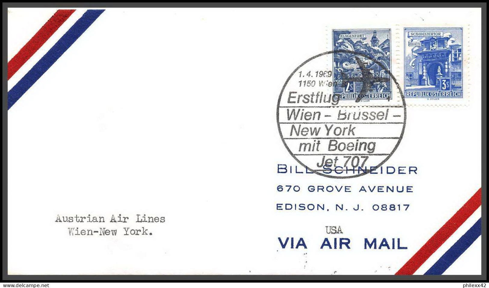 12717 Austrian Airlines Boeing 707 Wien Brussel New York 1/4/1969 Premier Vol First Flight Lettre Airmail Cover Auriche  - Aviones