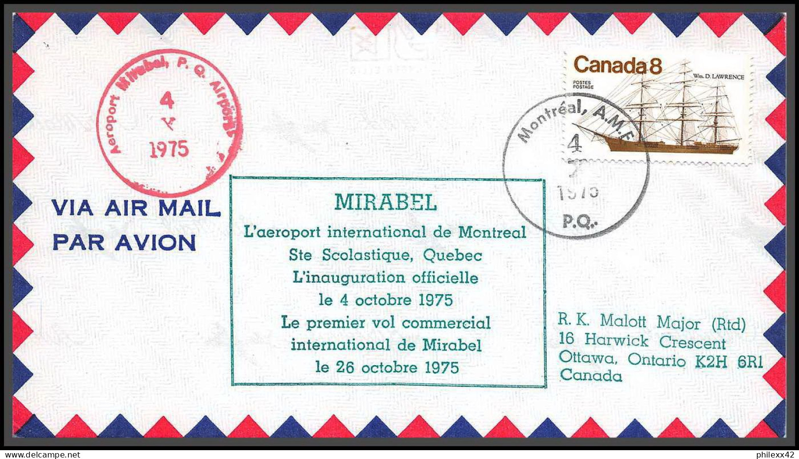 12712 Airport Mirabel Montreal 26/10/1975 Premier Vol First Flight Lettre Airmail Cover Canada - Aviones