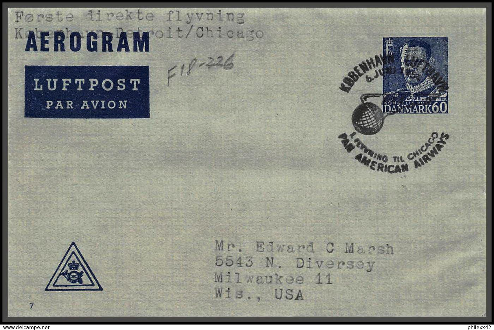 12715 Kobenhavn Detroit Chicago 6/6/1954 Premier Vol First Flight Aerogram Stationery Airmail Cover Danmark Danemark - Aviones