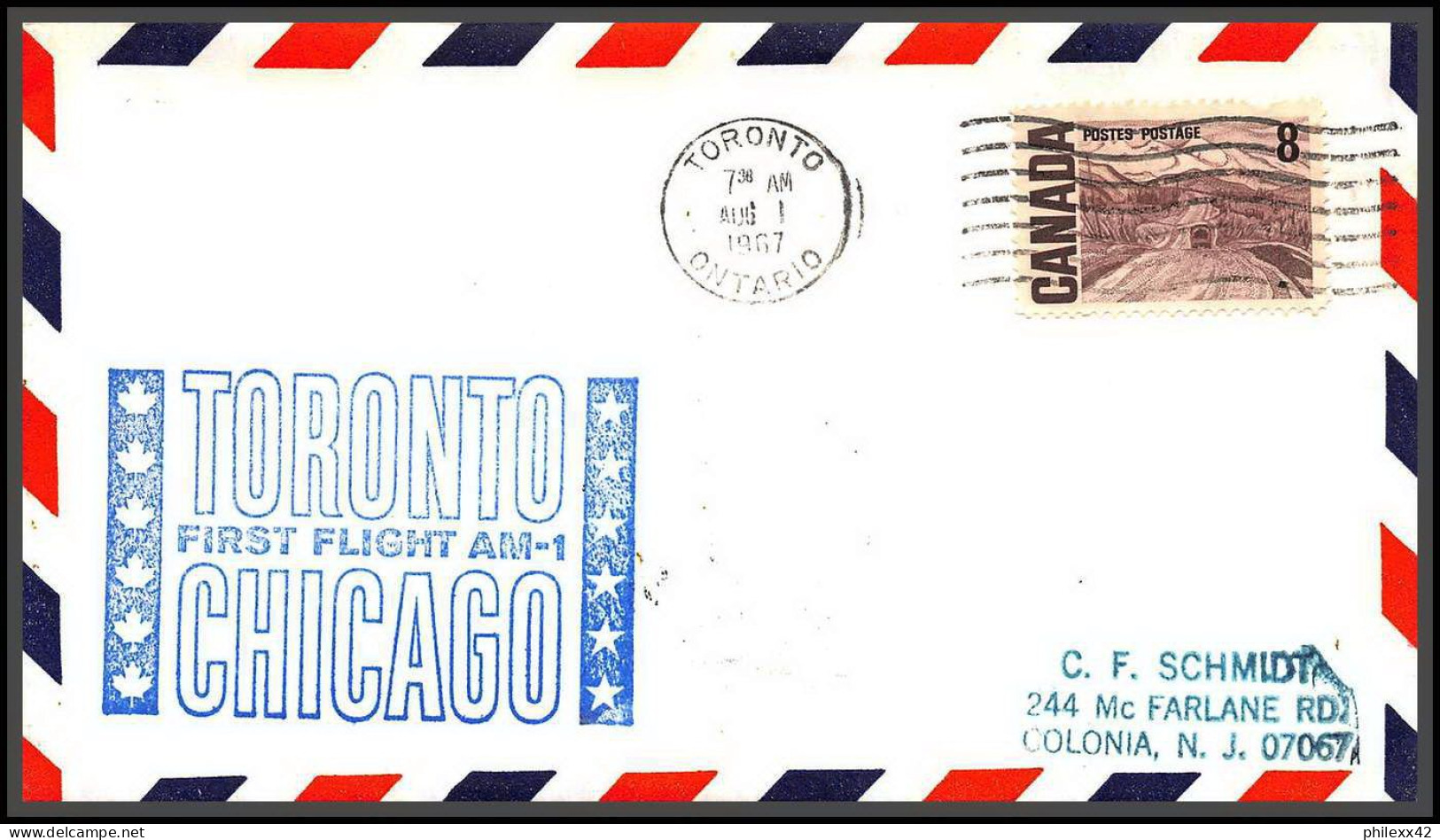 12709 Am 1 Toronto Chicago 1/7/1967 Premier Vol First Flight Lettre Airmail Cover Canada - Aviones